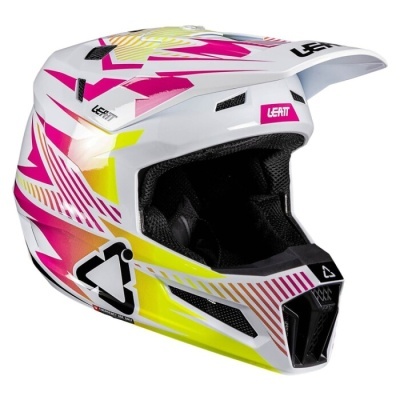 Capacete integral de motocross branco com detalhes rosa, amarelo e preto, com texto LEATT.
