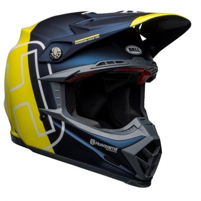 Capacete integral para motocross azul e amarelo com inscrições Bell e Husqvarna