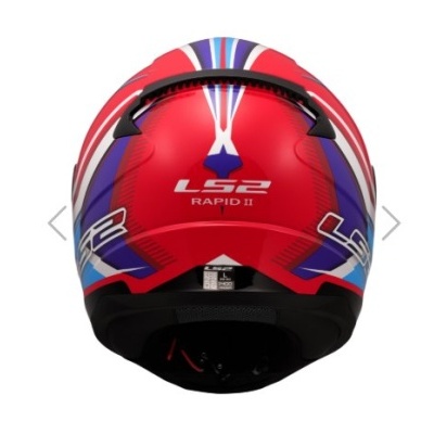 Capacete integral LS2 Rapid II em vermelho, azul, branco e preto visto de trás