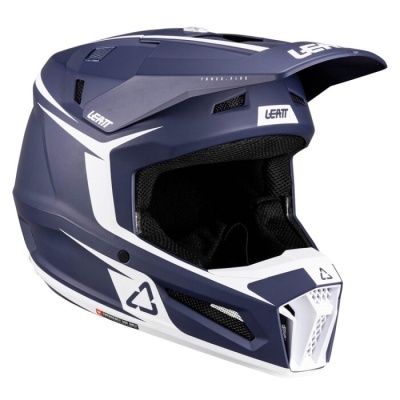 capacete integral motocross azul escuro e branco com texto LEATT