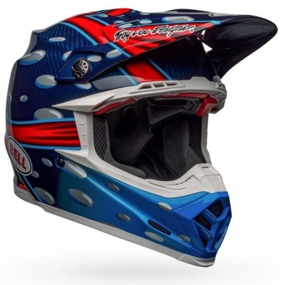 Capacete motocross azul, vermelho e branco com design de gotas de água e texto 'Troy Lee Designs' e 'BELL'