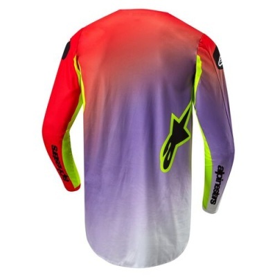 Camisola motocross vermelha, lilás, branca e amarelo fluorescente com logos Alpinestars e Supacaz