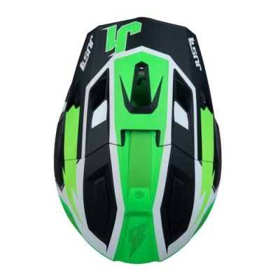 Capacete de motocross preto, verde e branco com texto JUST1 e número 34