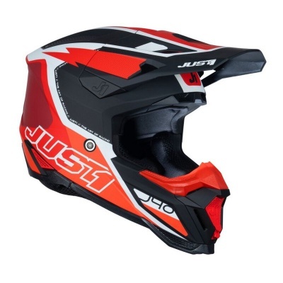 Capacete de motocross justo em preto, vermelho, branco com texto JUST1