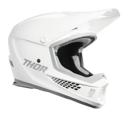 Capacete integral branco para motocross com texto THOR