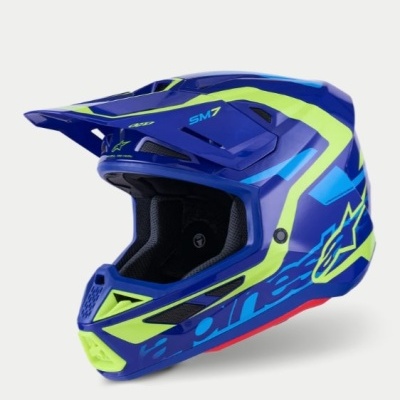 Capacete integral azul com detalhes amarelo-limão e texto SM7