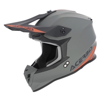 Capacete integral off-road cinzento com detalhes laranja e texto ACERBIS.