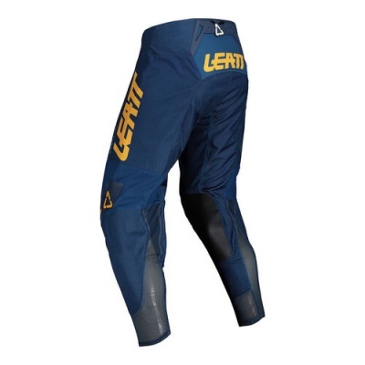 Calças de motocross azul escuro com texto LEATT amarelo