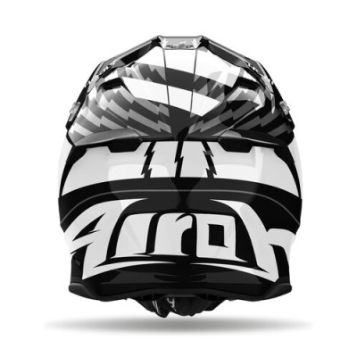 Capacete preto e branco para motocross com texto 'Airoh'