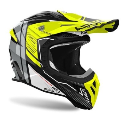 Capacete de motocross amarelo, preto e cinza com texto AIROH e ACE 2