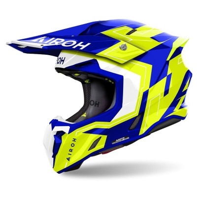 Capacete de motocross azul, amarelo e branco com texto AIROH