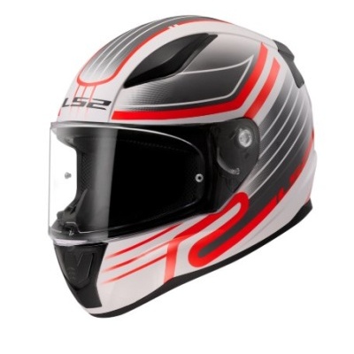 Capacete integral branco, cinzento e vermelho com visor transparente e texto LS2