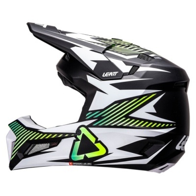 Capacete integral motocross preto branco verde amarelo com texto LEATT