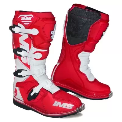 Botas de motocross IMS vermelhas, brancas e pretas com fechos ajustáveis