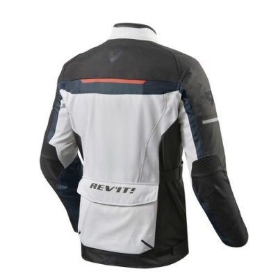 Casaco de moto branco, preto e cinzento com detalhe vermelho e texto REV'IT!