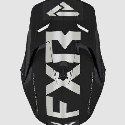 Capacete preto com letras brancas FXR e design aerodinâmico