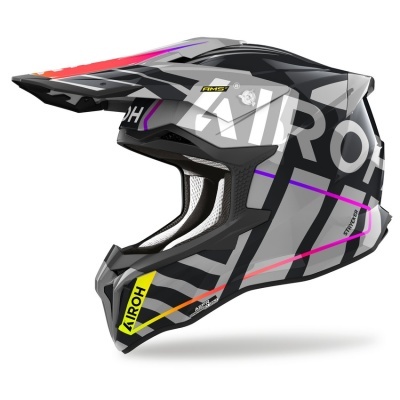 Capacete motocross preto e cinza com detalhes coloridos e logótipos