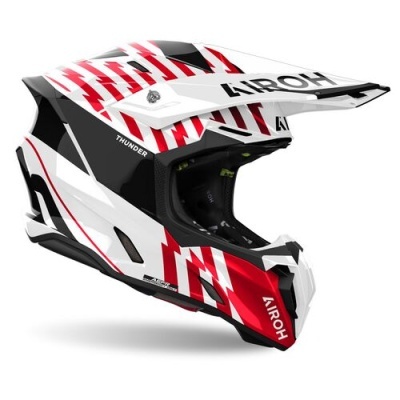 capacete motocross integral branco, preto e vermelho com padrão geométrico e texto AIROH e THUNDER