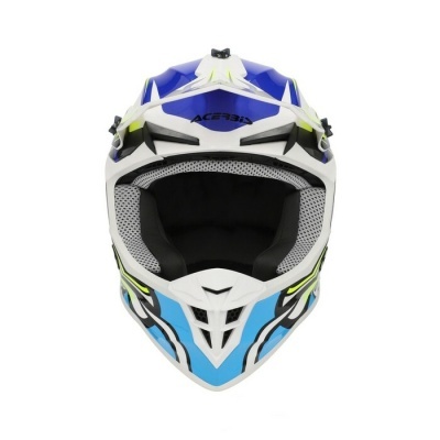 Capacete integral motocross azul branco preto amarelo com texto ACERBIS
