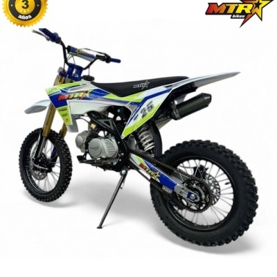 Moto motocross MTR Bikes azul, branca, amarela e verde com banco preto