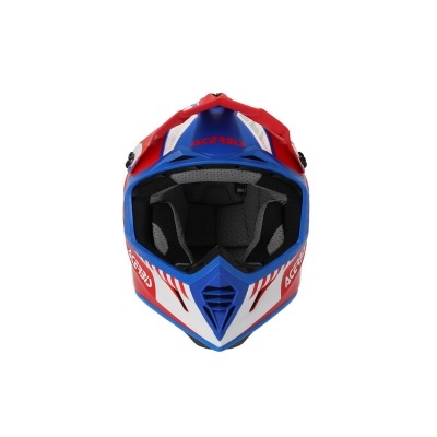 Capacete motocross azul vermelho branco com texto AGV e K-6R, interior acolchoado preto.
