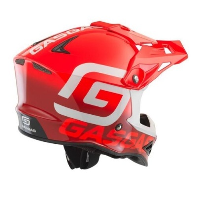 Capacete motocross vermelho com texto GASS GAS