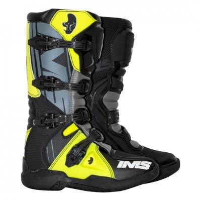 Botas pretas e amarelas de motocross com fivelas e logótipo I.M.S