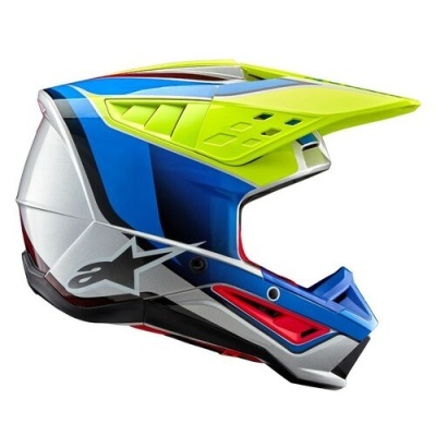 Capacete integral motocross azul, branco, vermelho e amarelo fluorescente da Alpinestars