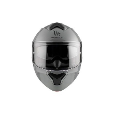 Capacete integral de motociclista cinza com viseira transparente e logótipo