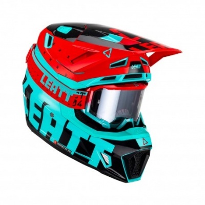 Capacete integral de motocross vermelho, azul-turquesa e preto com texto LEATT e número 34
