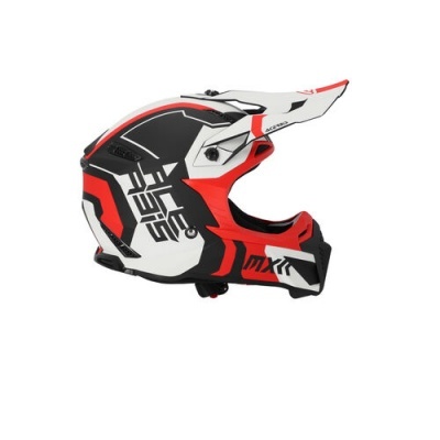 Capacete de motocross preto, branco e vermelho com texto MXX e MSR