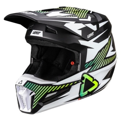 Capacete de motocross preto, branco e verde com texto LEATT