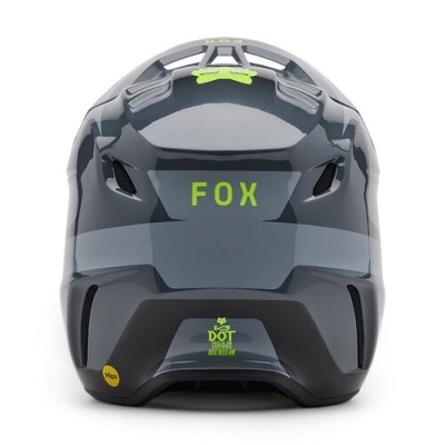Capacete de proteção cinza escuro com detalhes em verde neon e texto FOX