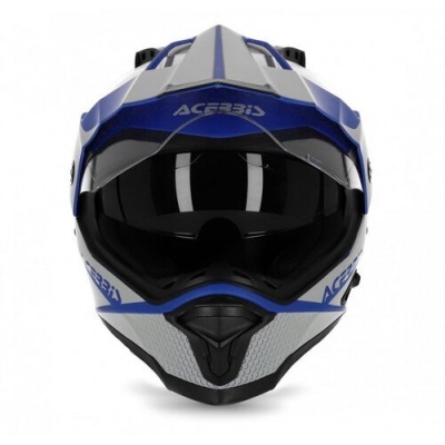 Capacete de motocross azul, cinza e preto com viseira escura e logotipo ACERBIS