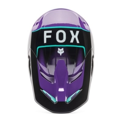 Capacete de motocross FOX preto e roxo com detalhes verdes