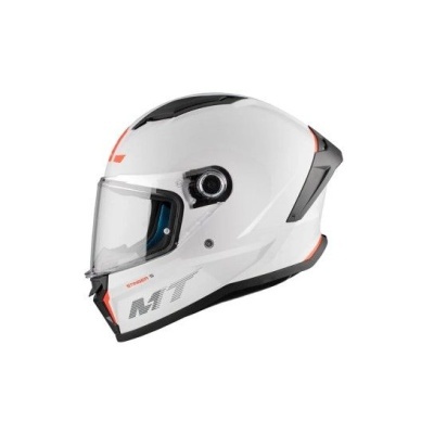 Capacete integral branco com detalhes a preto e vermelho e viseira transparente