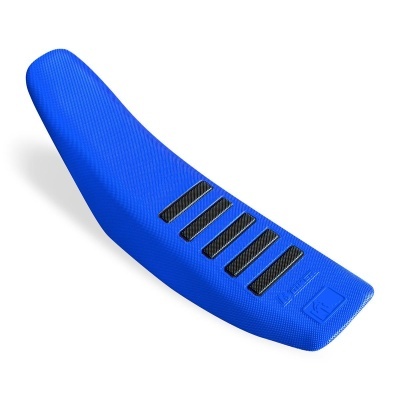 Assento de mota azul com tiras pretas e textura de grelha