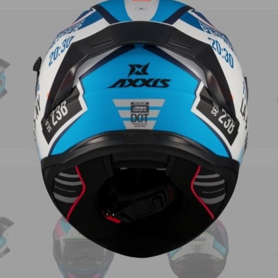 Capacete integral AXXIS azul, branco e preto com textos e selo DOT