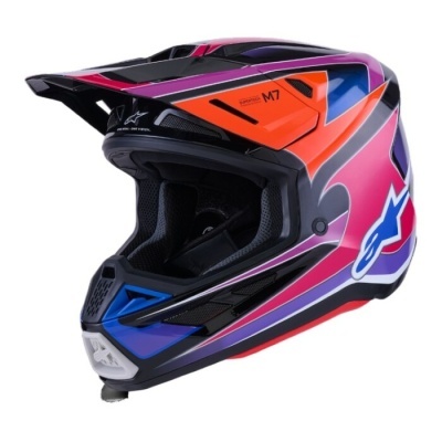 Capacete integral motocross laranja, rosa, roxo, azul e preto com logótipo ALPINESTARS