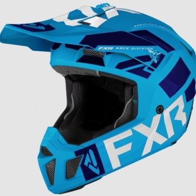 Capacete de motocross azul com texto FXR e viseira