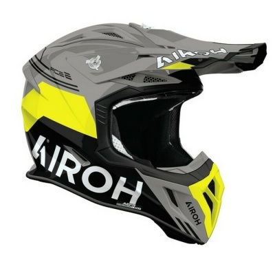 Capacete motocross cinza, preto e amarelo com logo AIROH