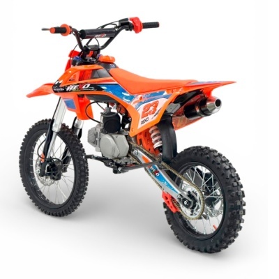 Motocross infantil laranja azul e preto com pneus de tacos e assento laranja