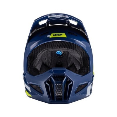 Capacete integral azul escuro com detalhes amarelos e pretos e interior acolchoado preto