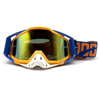 Óculos de proteção azul e amarela com lente espelhada dourada e correia azul e laranja