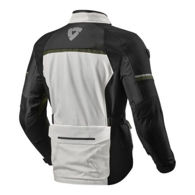 Casaco de motard preto e cinzento claro com faixa refletora verde oliva e bolso traseiro