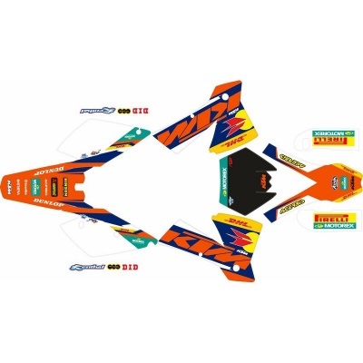 Autocolantes de moto em laranja, azul e amarelo com vários logotipos de marcas