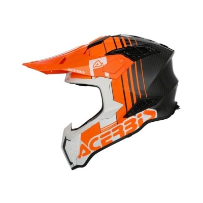 Capacete de motocross laranja, branco e preto com texto ACERBIS
