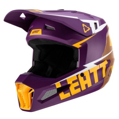 Capacete integral roxo com detalhes amarelos e brancos e texto LEATT na lateral