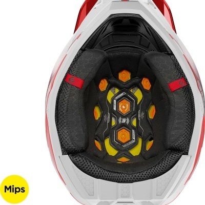 Capacete de proteção branco e vermelho visto de cima