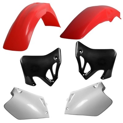 Conjunto de proteções plásticas para mota em vermelho, preto e branco